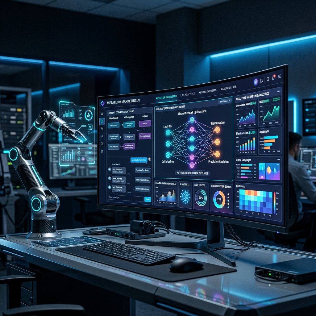 AI Marketing Automation Services — SwiftDex Intelligent Campaign Management AI-powered marketing automation dashboard showing neural network visualizations, automated workflow pipelines, and real-time analytics with glowing cyan and purple data