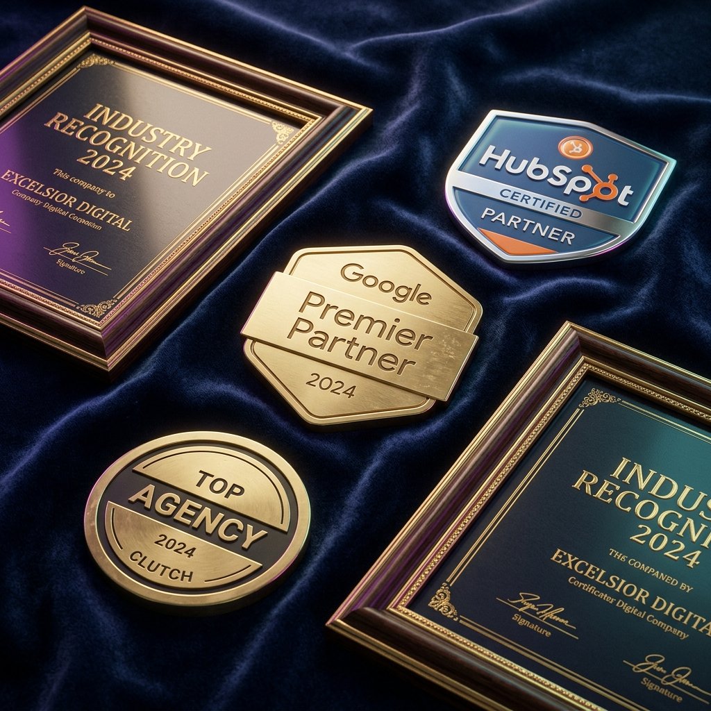 SwiftDex official certification badges including Verified Google Partner, HubSpot Solutions Partner <!-- TODO: Add link to official HubSpot directory profile -->, Clutch Top Agency, and industry recognition certificates with gold embossing