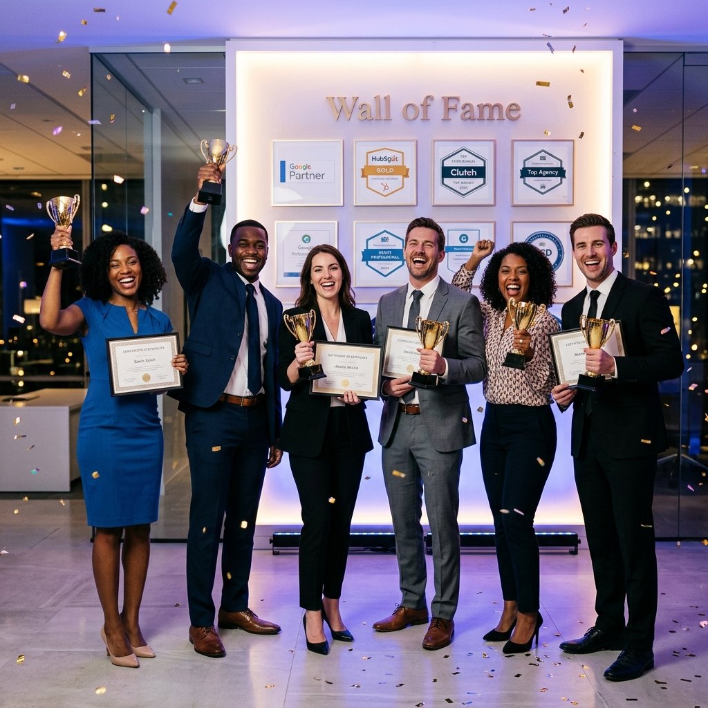 SwiftDex Digital Marketing team celebrating award wins — diverse professionals holding gold trophy awards and certificates in modern Lagos office with wall of fame certifications