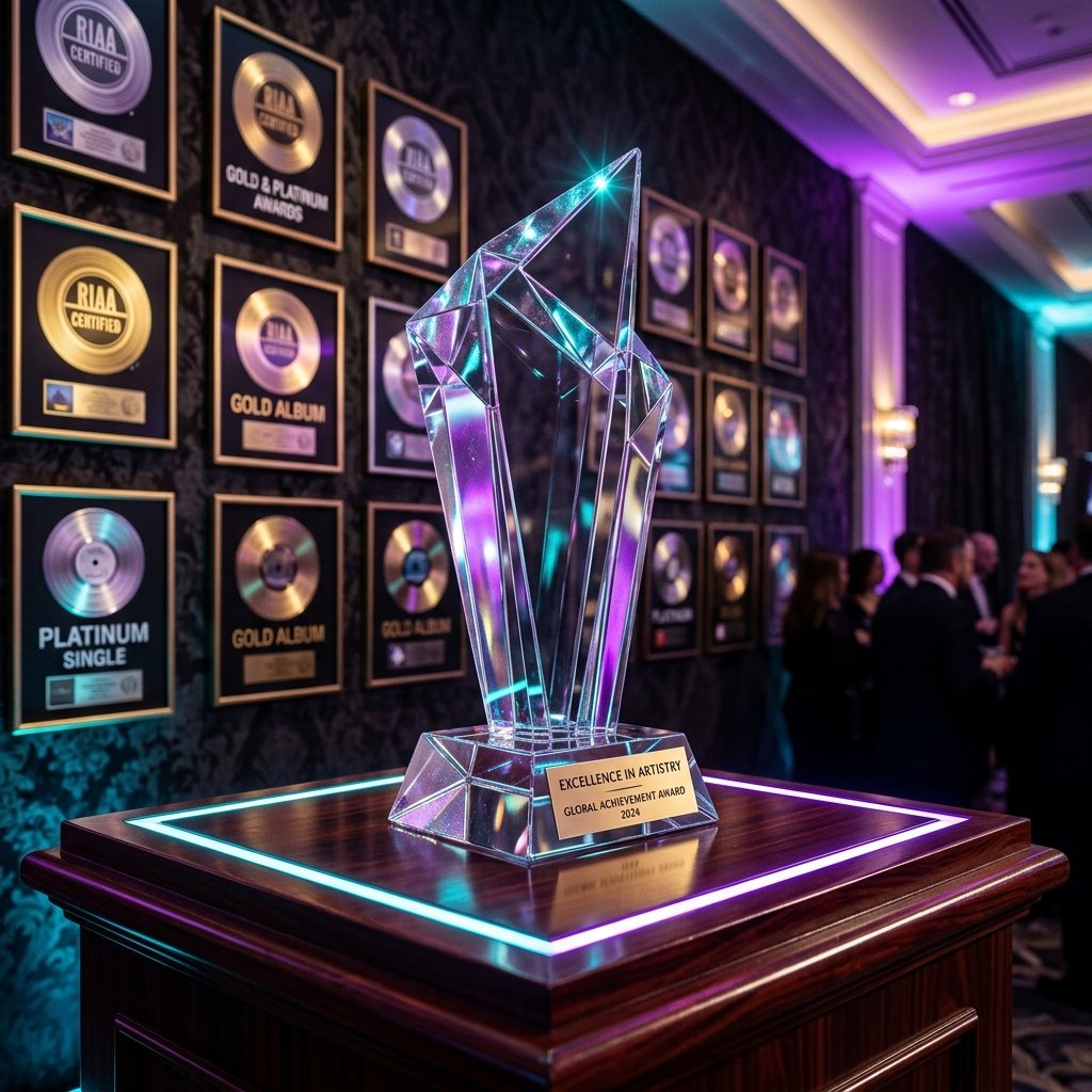 SwiftDex Digital Marketing Agency crystal trophy and certification awards displayed with premium lighting — Verified Google Partner, Clutch Top Agency, HubSpot Solutions Partner <!-- TODO: Add link to official HubSpot directory profile --> recognition