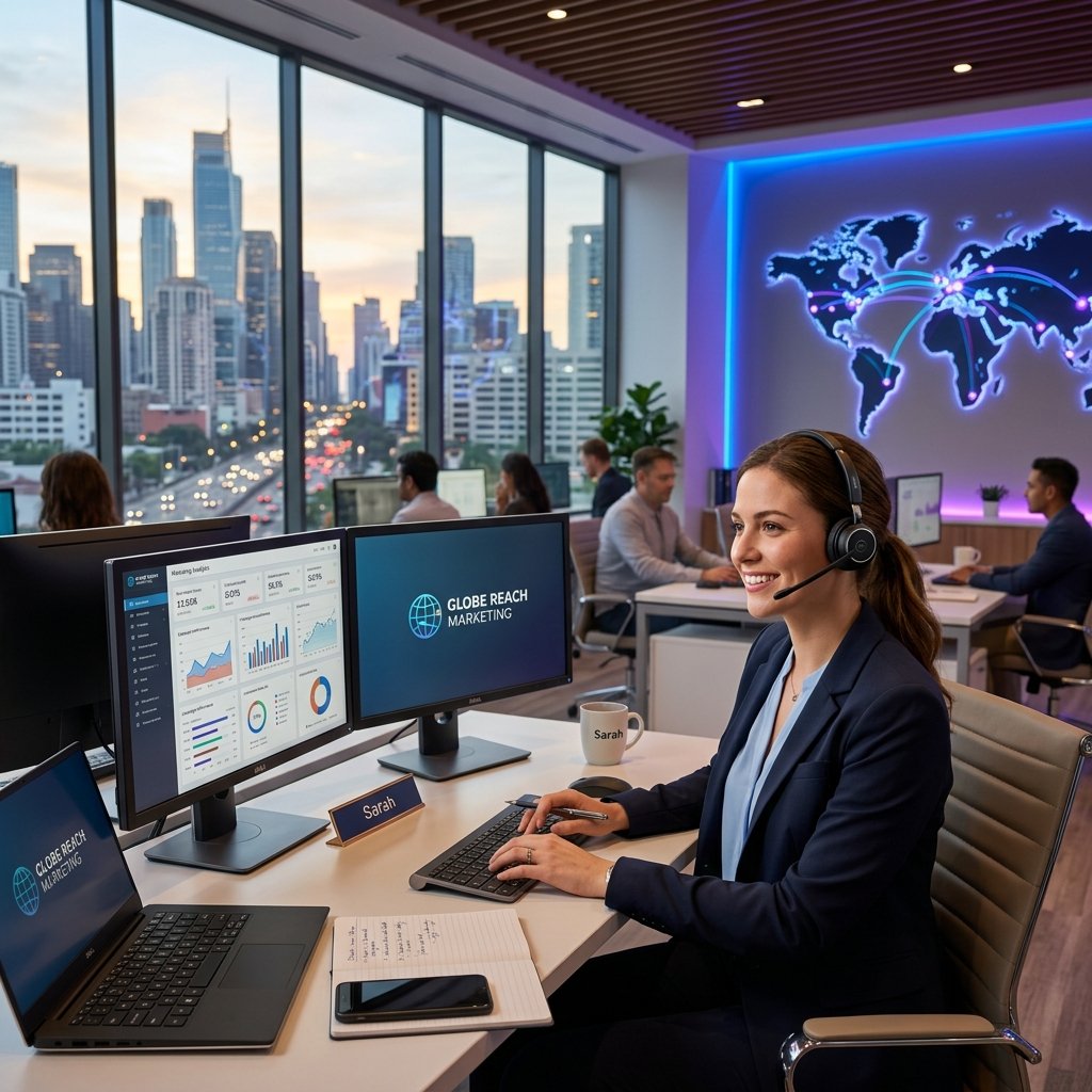 SwiftDex customer success representative at a modern desk with multiple monitors showing marketing analytics — global client support from Lagos and New York offices