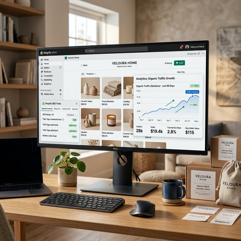 E-Commerce SEO Services — SwiftDex Shopify and WooCommerce Optimization E-commerce website on monitor showing Shopify store with product listings and SEO optimization tools alongside organic traffic growth analytics