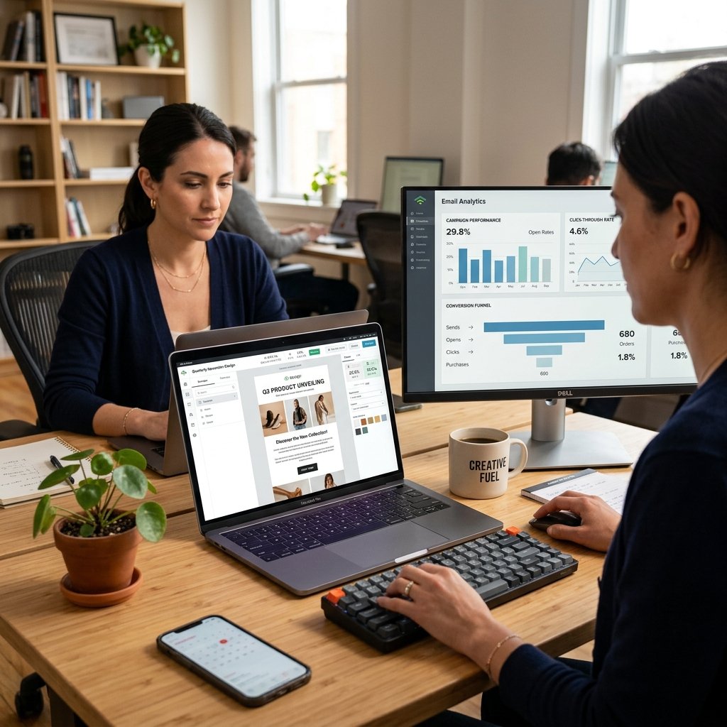 Email Marketing Services — SwiftDex Automated Campaign Design and Optimization Email marketing campaign design on MacBook screen showing HTML newsletter templates and email analytics dashboard with open rates and conversion funnels