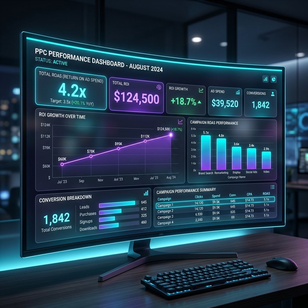 SwiftDex PPC Dashboard showing 4.2x ROAS performance metrics SwiftDex PPC Dashboard showing 4.2x ROAS performance metrics