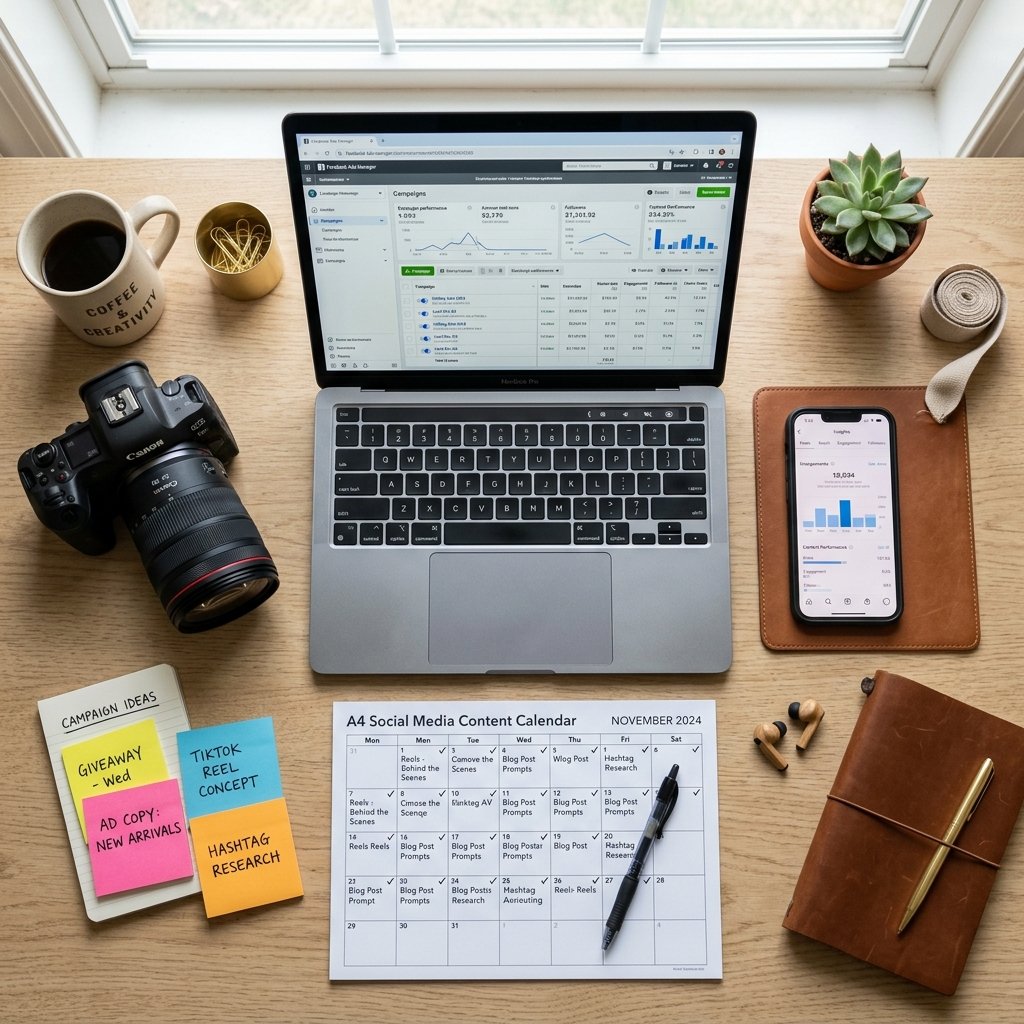 Social Media Marketing Services — SwiftDex Multi-Platform Campaign Management Social media marketing workspace with Instagram analytics on smartphone, Facebook Ads Manager on laptop, content calendars, and campaign planning notes