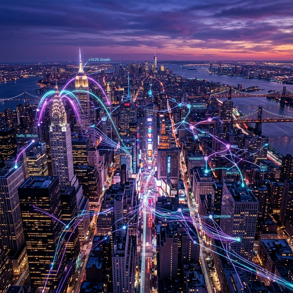 SwiftDex USA — Digital Marketing Agency Serving American Businesses from New York New York City skyline at twilight with digital marketing data visualizations overlaid — SwiftDex USA market presence and American client portfolio